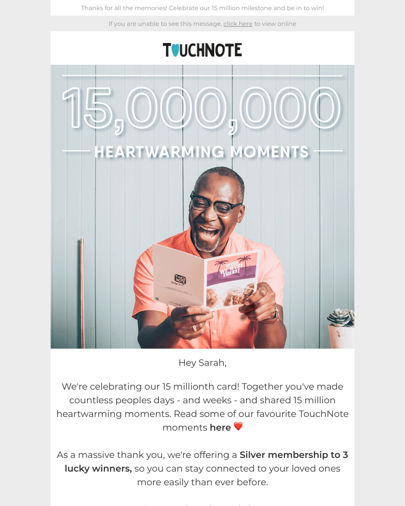 TouchNote - Only 24 hours left to enter our 15 million cards prize draw, Sarah 🙌