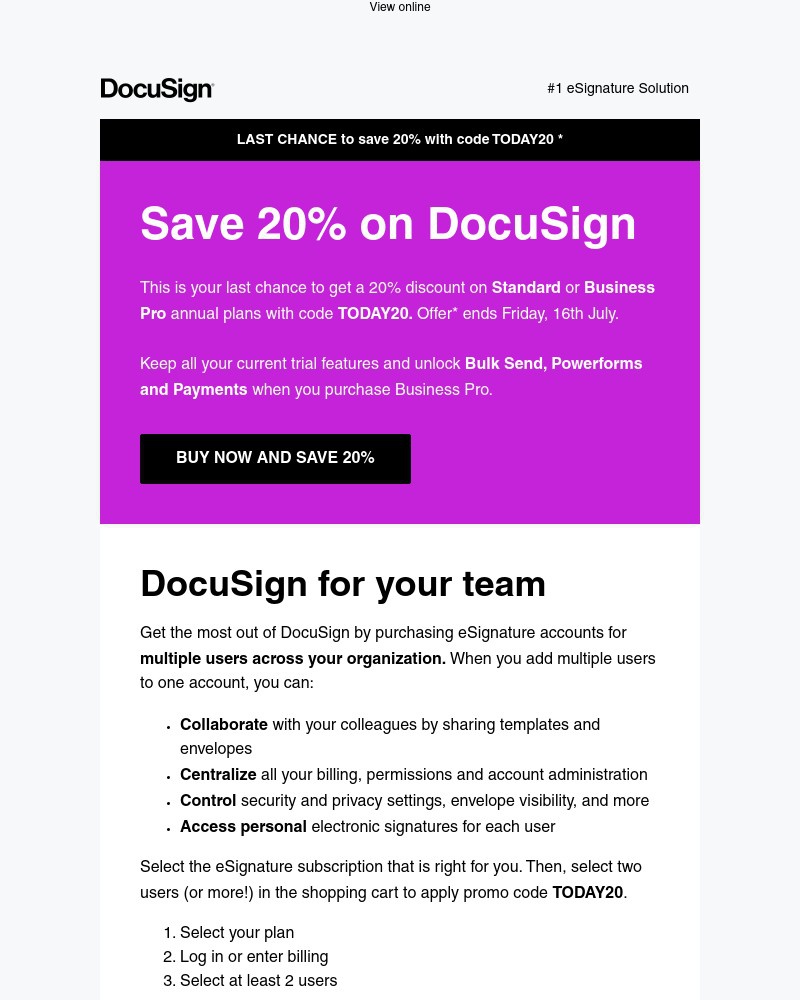 DocuSign - Only one day left to save 20% on DocuSign
