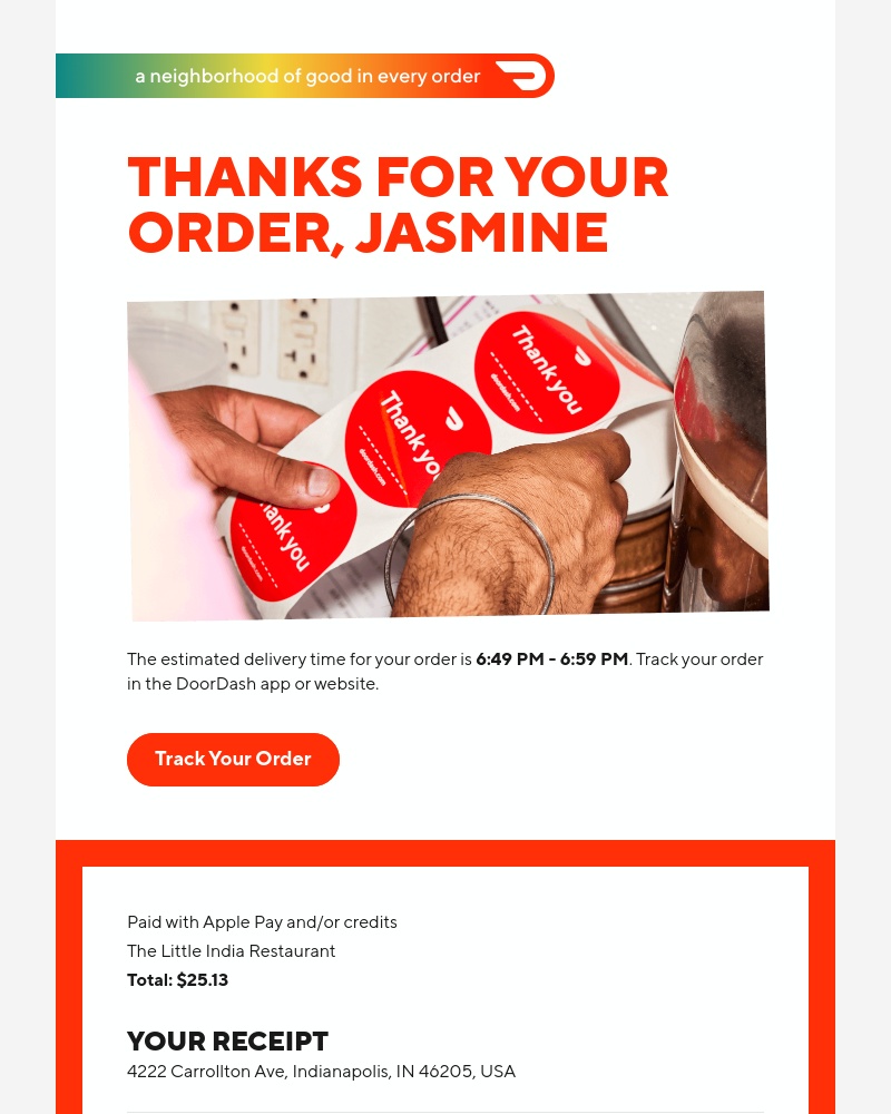  - Order Confirmation for Jasmine from The Little India Restaurant