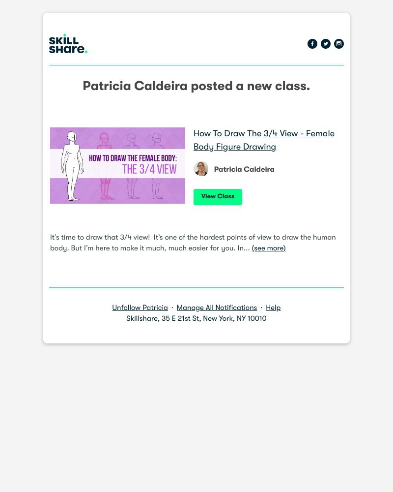 Skillshare - Patricia Caldeira posted a new class: "How To Draw The 3/4 View - Female Body Figure Drawing"
