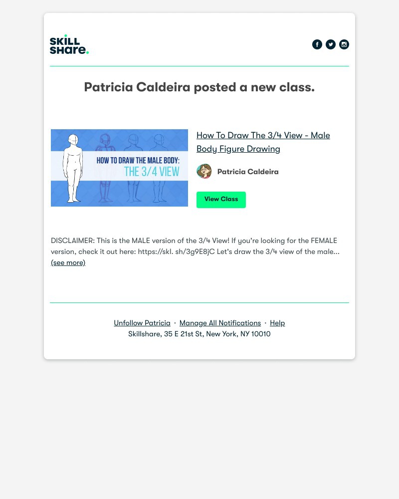 Skillshare - Patricia Caldeira posted a new class: "How To Draw The 3/4 View - Male Body Figure Drawing"