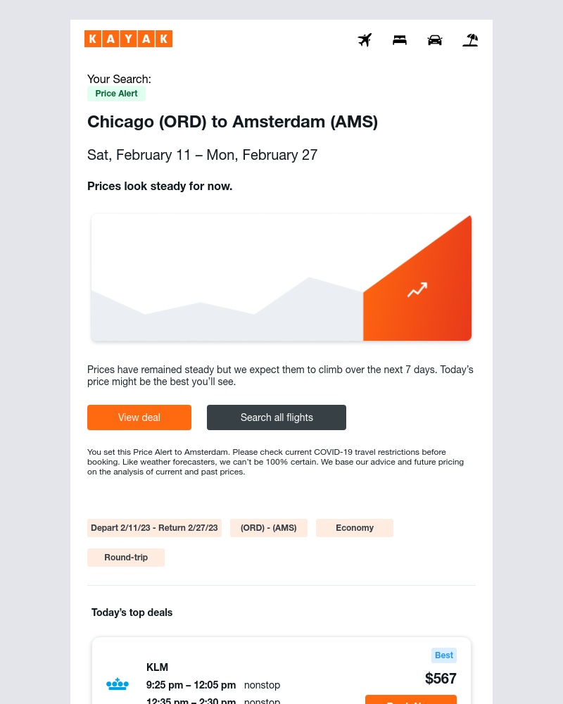 Kayak - Price Alert: Airfare holding steady for your Chicago to Amsterdam flight