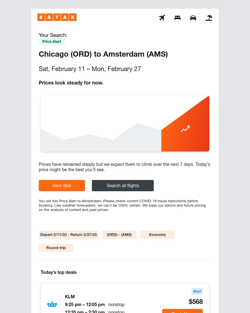 Kayak - Price Alert: Airfare holding steady for your Chicago to Amsterdam flight