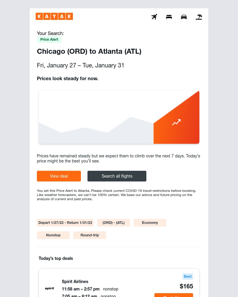 Kayak - Price Alert: Airfare holding steady for your Chicago to Atlanta flight
