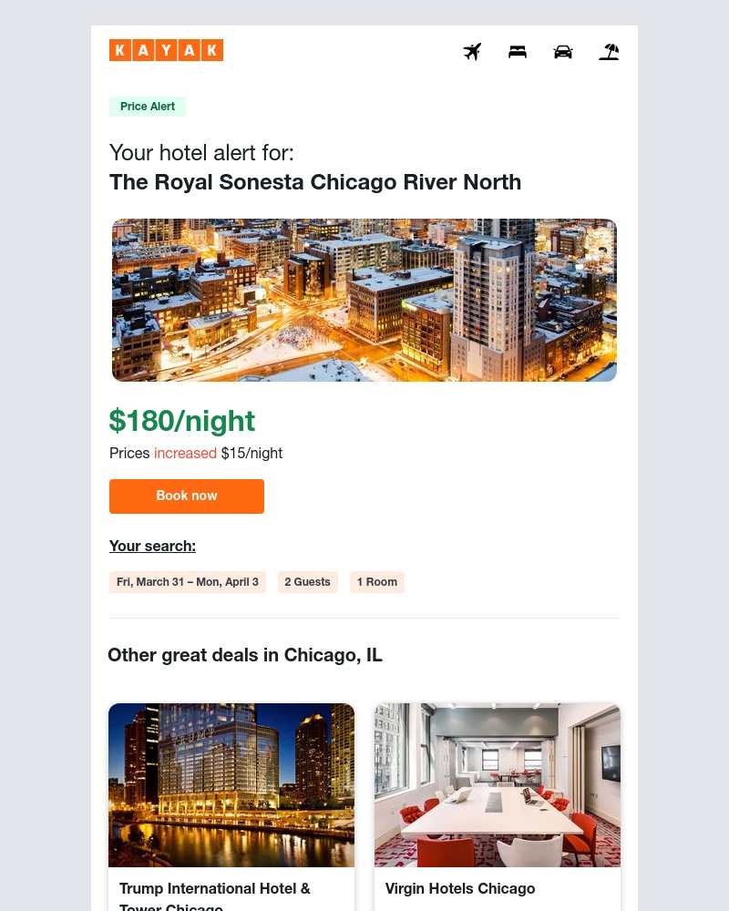 Kayak - Price Alert: Chicago, IL hotels are up $15