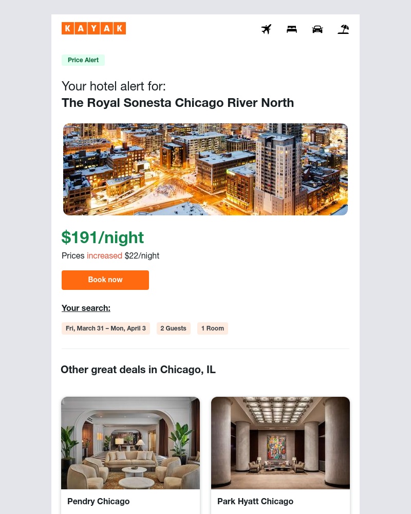 Kayak - Price Alert: Chicago, IL hotels are up $22