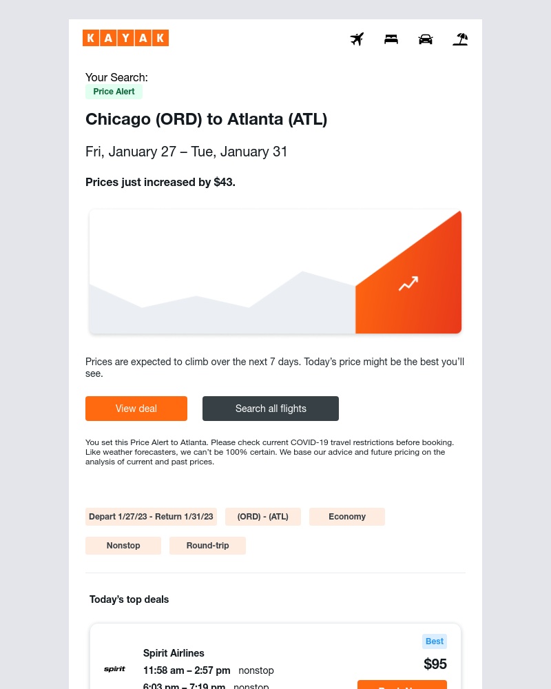 Kayak - Price Increase: Chicago to Atlanta airfare up $43