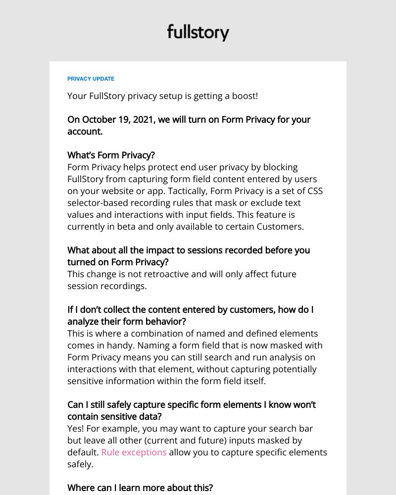 Fullstory - Privacy update from FullStory