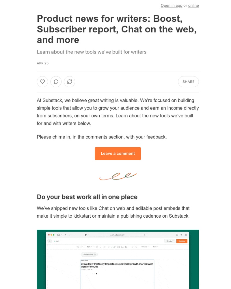 Substack - Product news for writers: Boost, Subscriber report, Chat on the web, and more