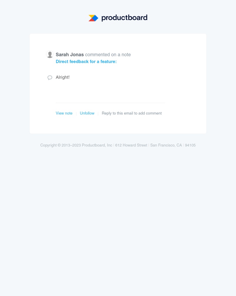 Productboard - [Productboard] New comment posted on a note Direct feedback for a feature