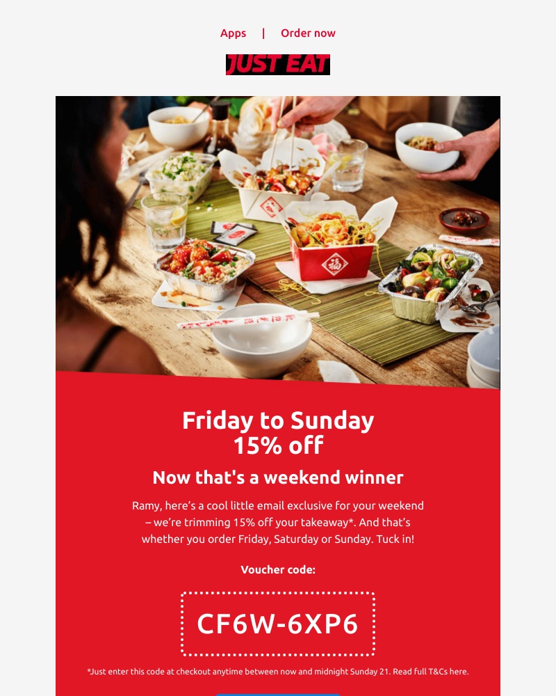 Just Eat - Ramy, 15% off! Let’s get the weekend rolling