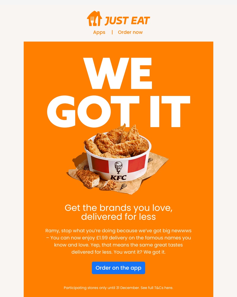 Just Eat - Ramy, get £1.99 delivery on the brands you ❤️ 