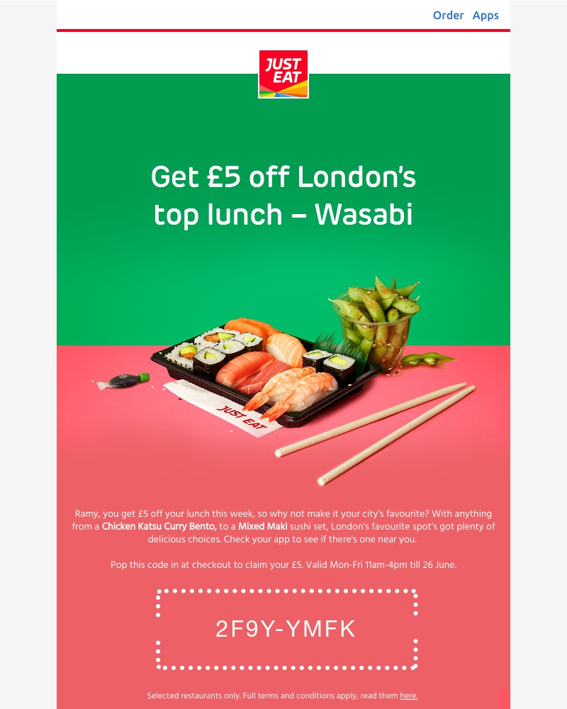Just Eat - Ramy, get £5 off London’s favourite for lunch today