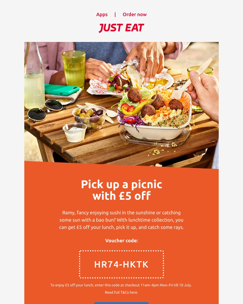 Just Eat - ☀️ Ramy, get £5 off your lunch in the sun 