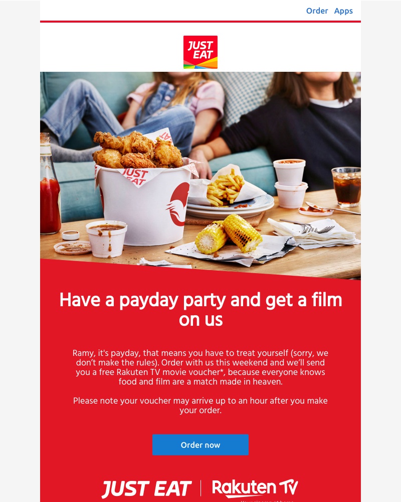 Just Eat - Ramy, get a payday treat with a free Rakuten TV voucher