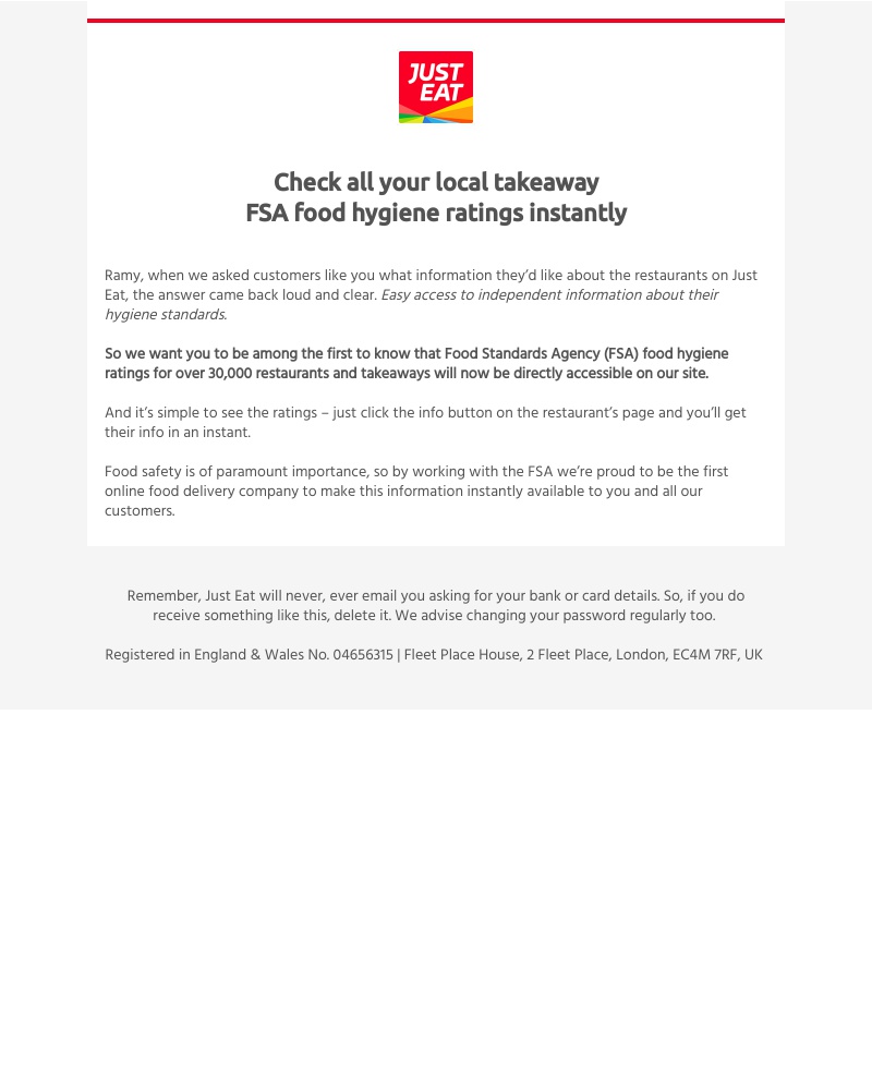 Just Eat - Ramy, restaurant food hygiene ratings now instantly available on our site