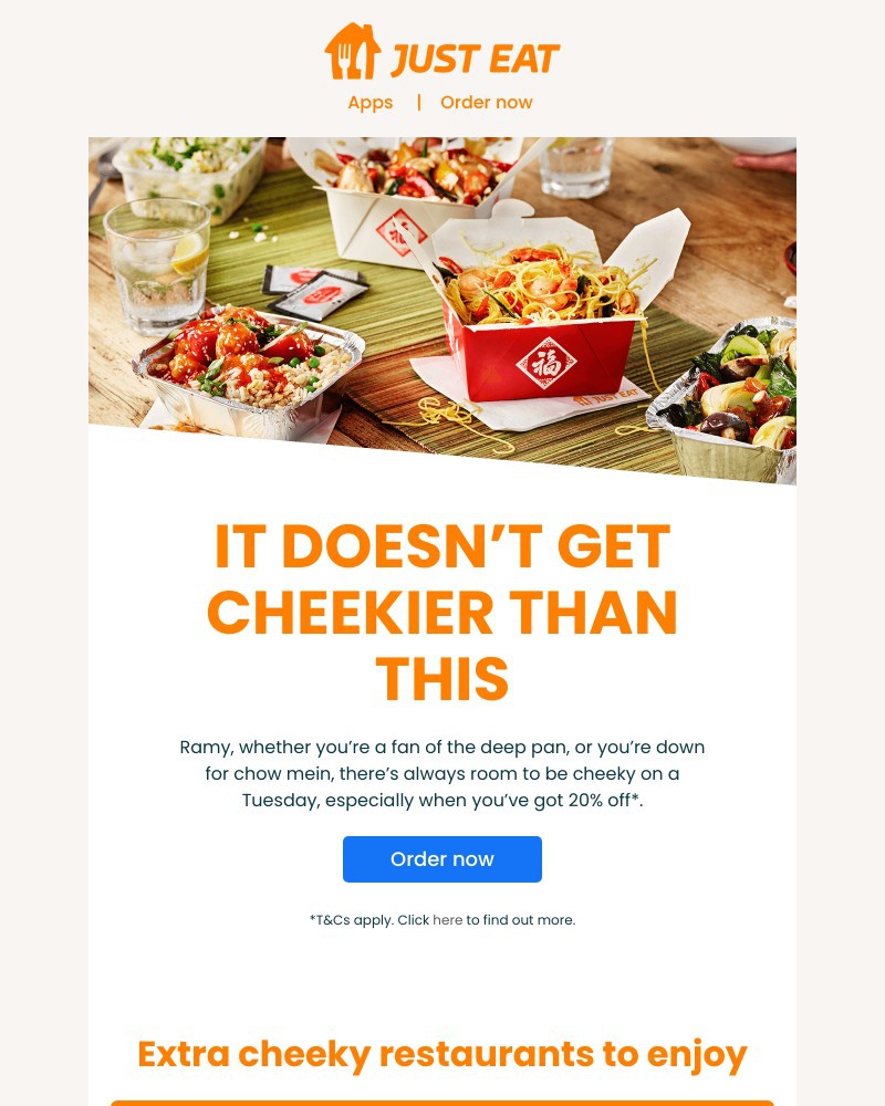 Just Eat - Ramy, tap to get 20% off your favourites