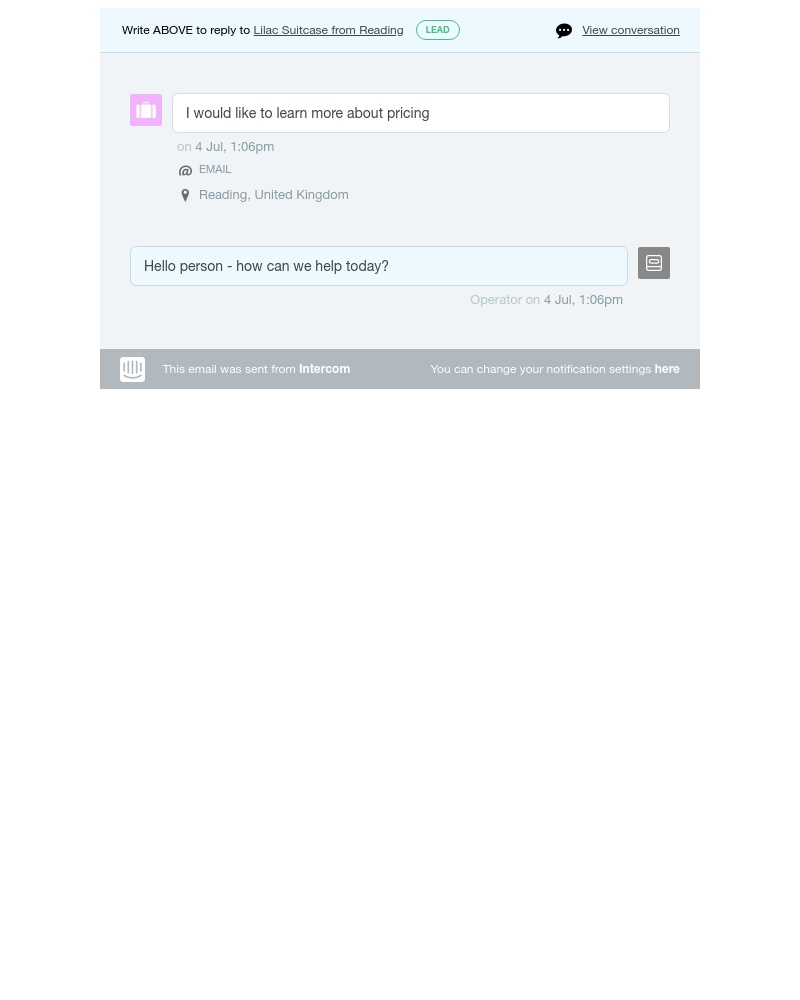 Intercom - Re: [Moodjoy] Lilac Suitcase from Reading: 'Hello person - how can we help today?'