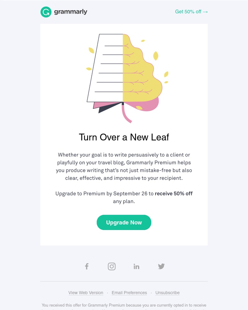 Grammarly - Ready to turn over a new leaf? 🍂 Let’s start with 50% OFF