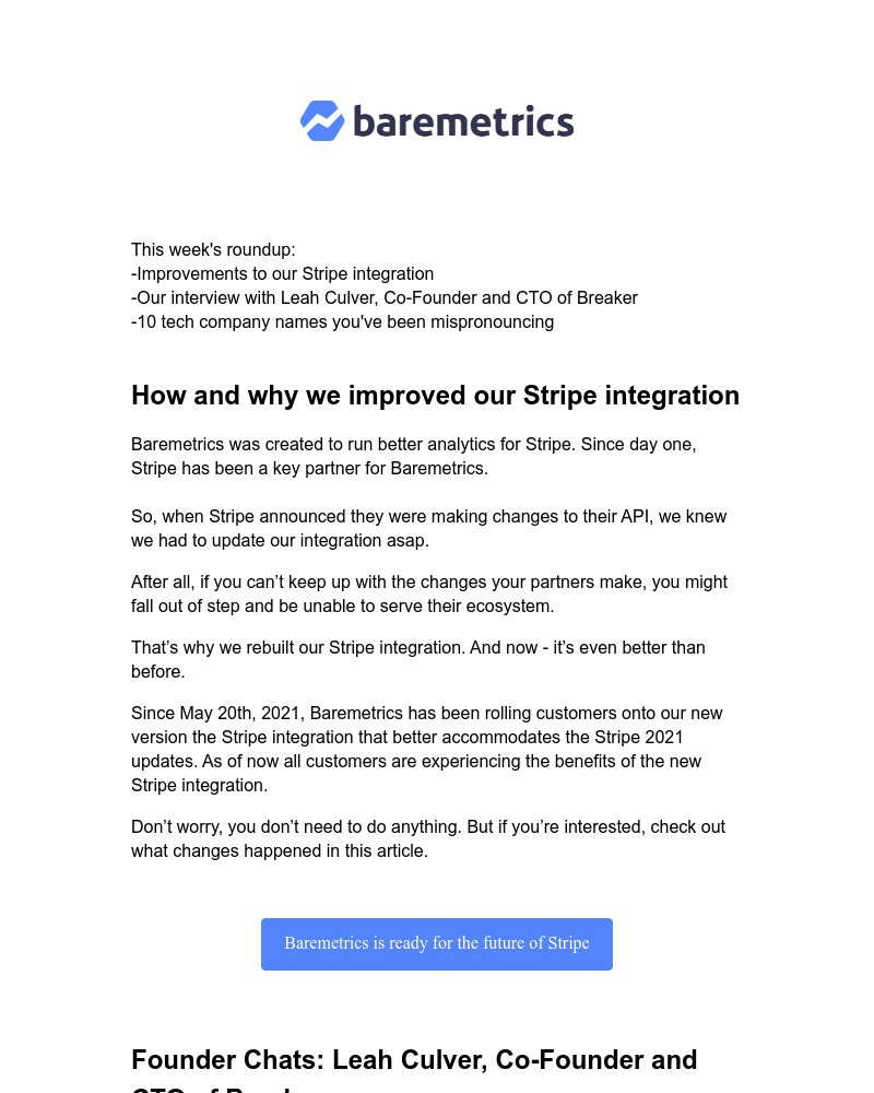 Baremetrics - Real Data Weekly #11: Our improved Stripe integration, interview with Leah Culver of Breaker, and more!