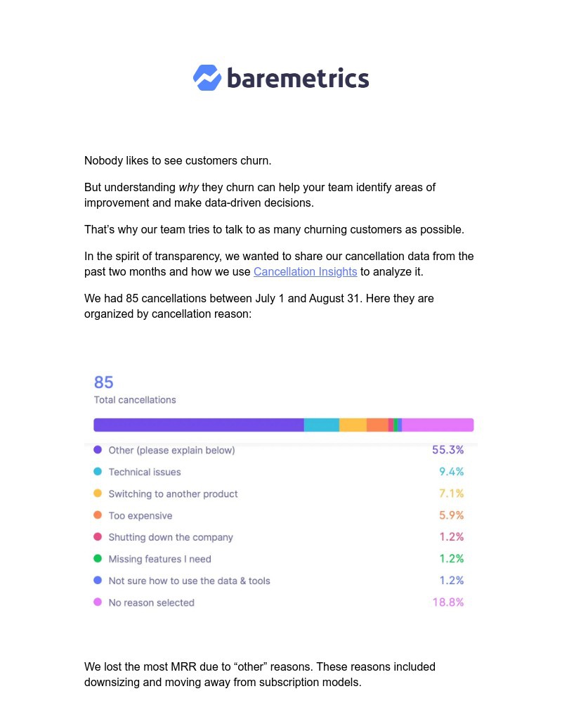 Baremetrics - Real Data Weekly #3: 85 cancellations in 2 months & what we did with that data