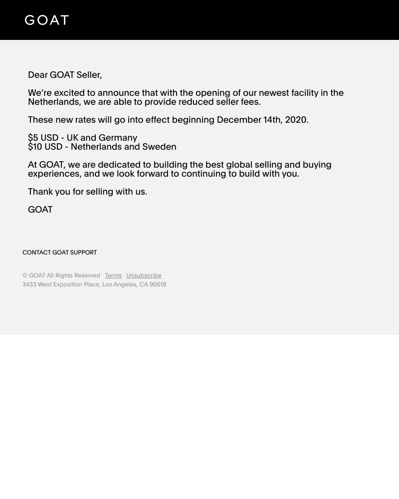 Goat - Reduced Seller Fees in UK and Europe