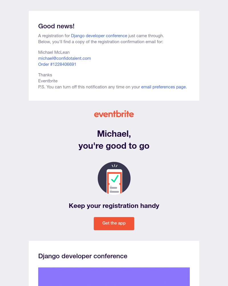 Eventbrite - Registration Notification for Django developer conference