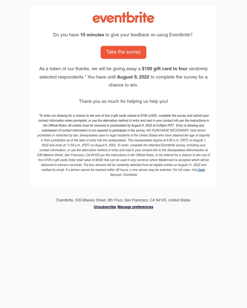 Eventbrite - Reminder: Eventbrite Research: A Chance to Win $100 in our Survey Sweepstakes