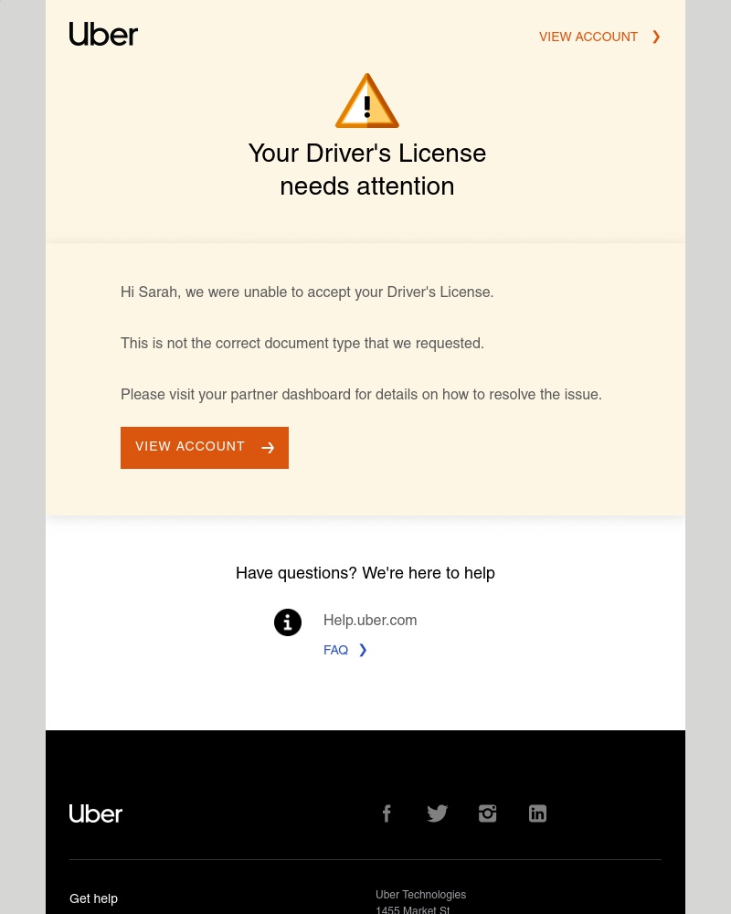 Uber - Reminder: Your account needs attention