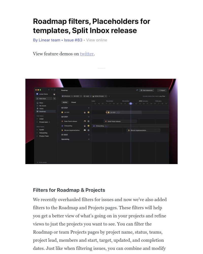 Linear - Roadmap filters, Placeholders for templates, Split Inbox release
