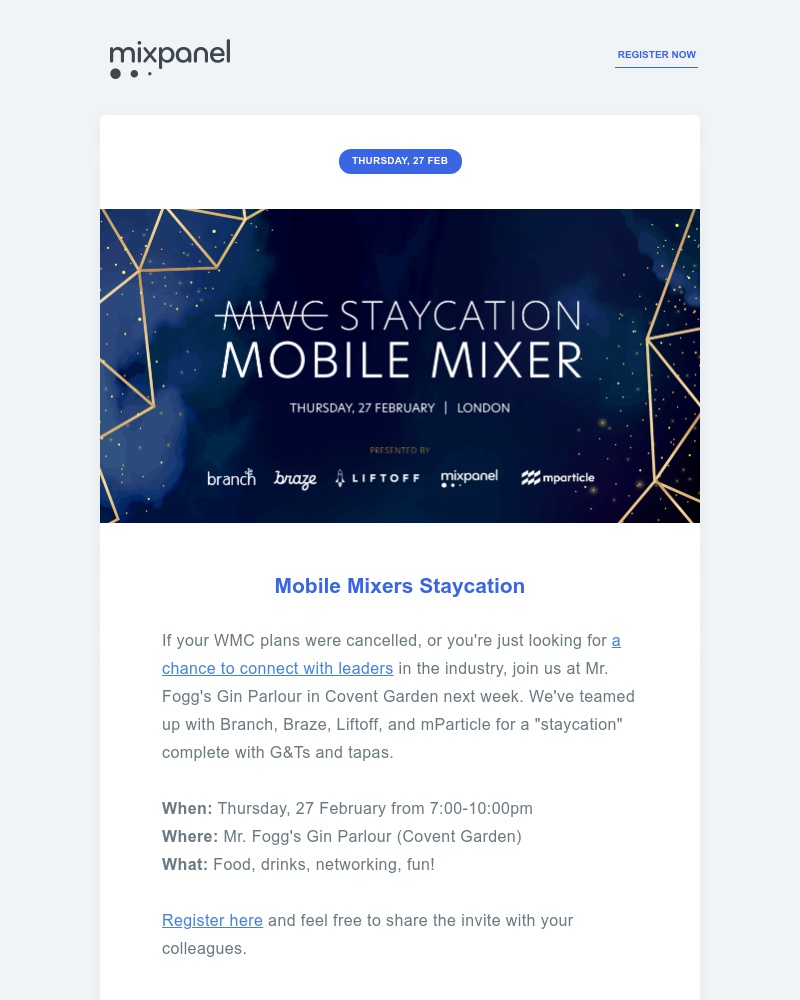 Mixpanel - RSVP today: Mobile Mixer Staycation on 27 February