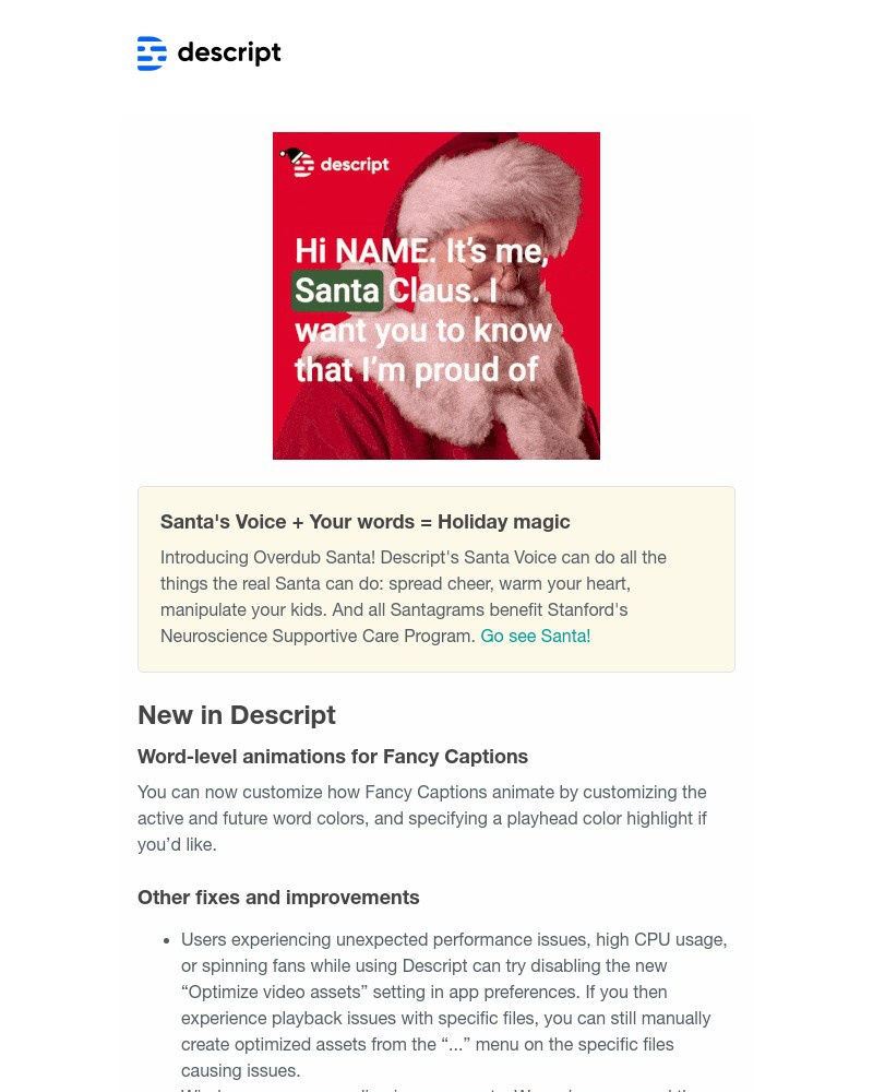 Descript - Santa's Voice. Animated Captions. New livestreams.