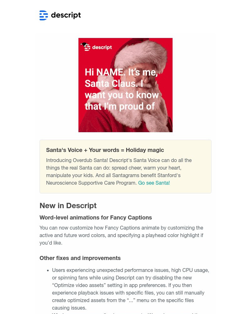 Descript - Santa's Voice. Animated Captions. New livestreams.