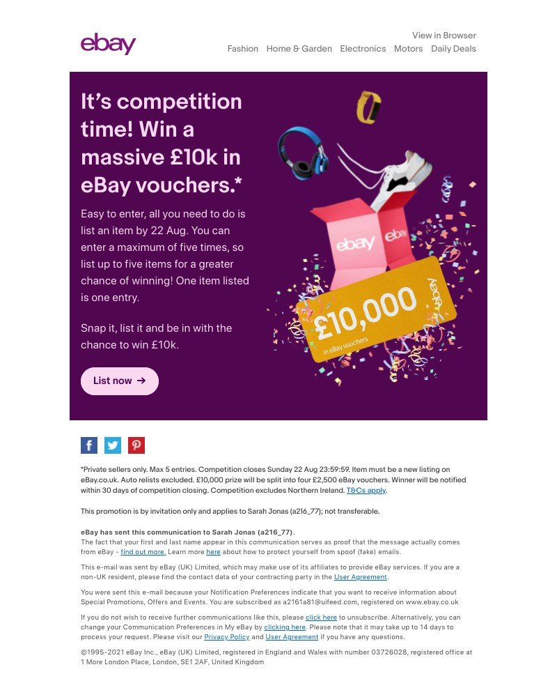 eBay - Sarah, £10k in eBay vouchers could be yours! 😍 🎉