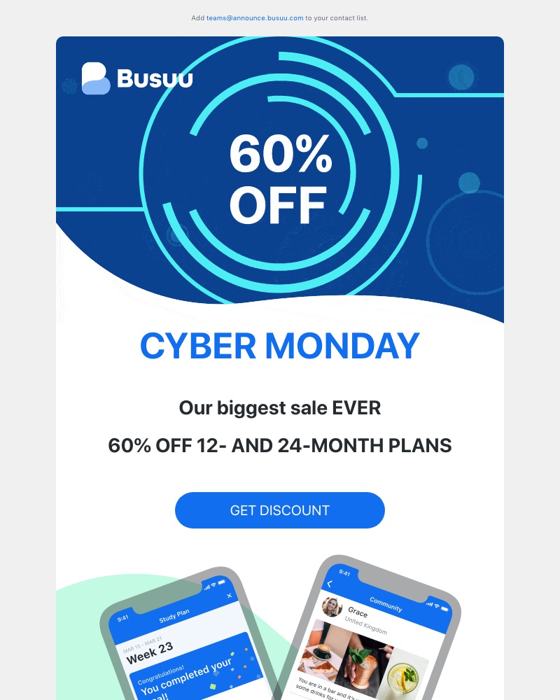 Busuu - 💥Sarah, 60% off for Cyber Monday 💥     