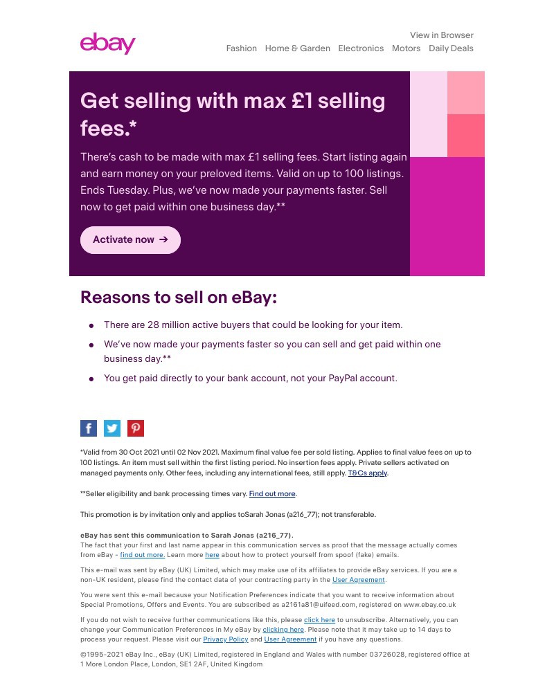eBay - Sarah, get max £1 selling fees 🤑