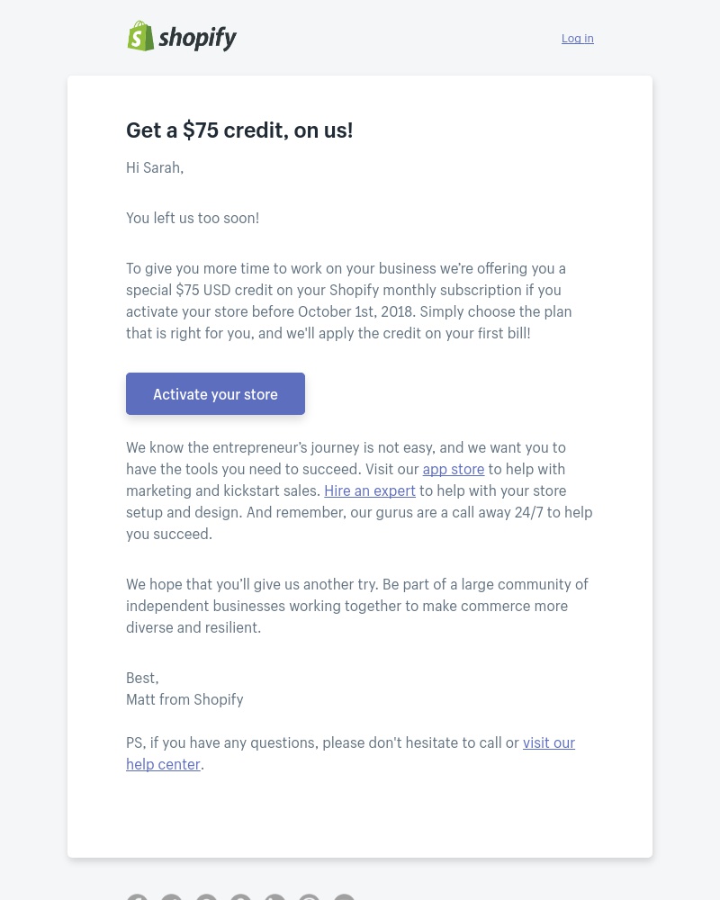 Shopify - Sarah, get your $75 Shopify credit now