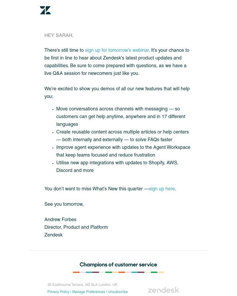 Zendesk - Sarah, join us for tomorrow’s webinar