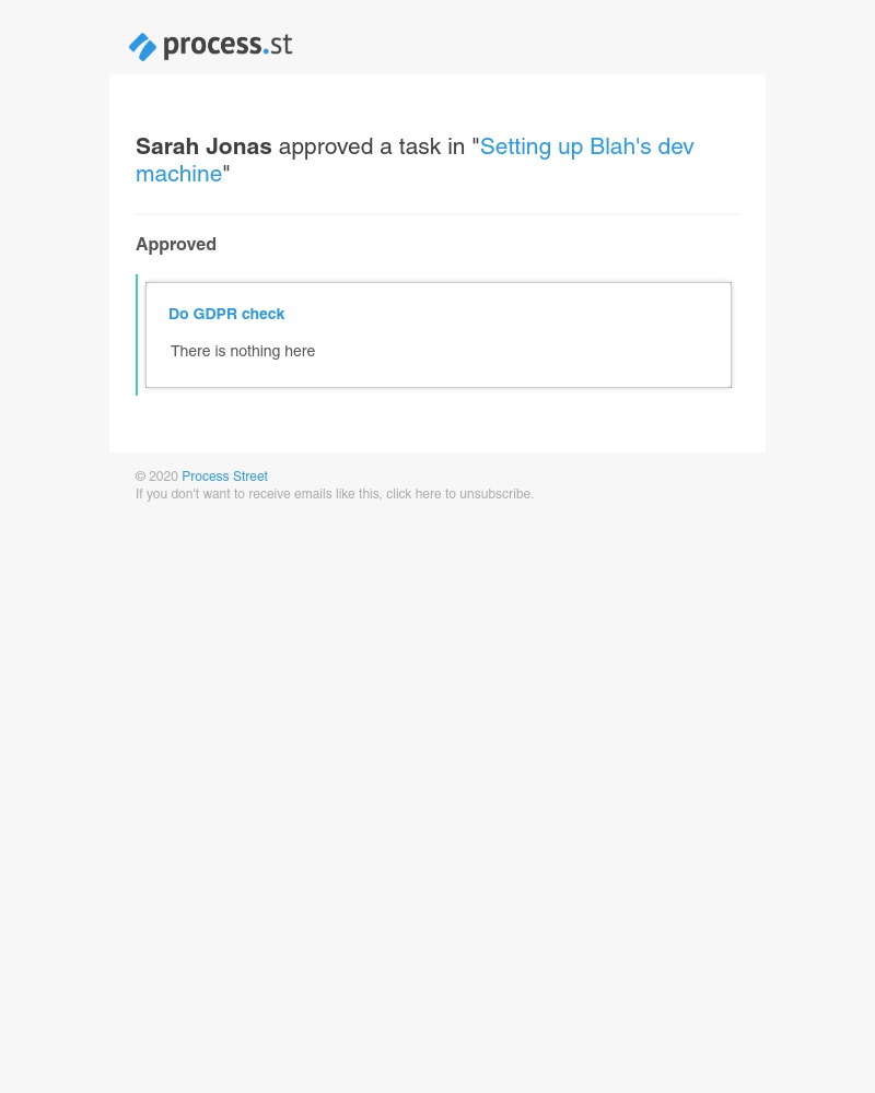 Process Street - Sarah Jonas approved a task in "Setting up Blah's dev machine"
