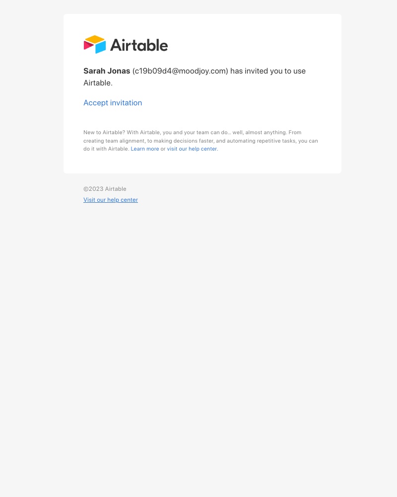 Airtable - Sarah Jonas (c19b09d4@moodjoy.com) invited you to Airtable