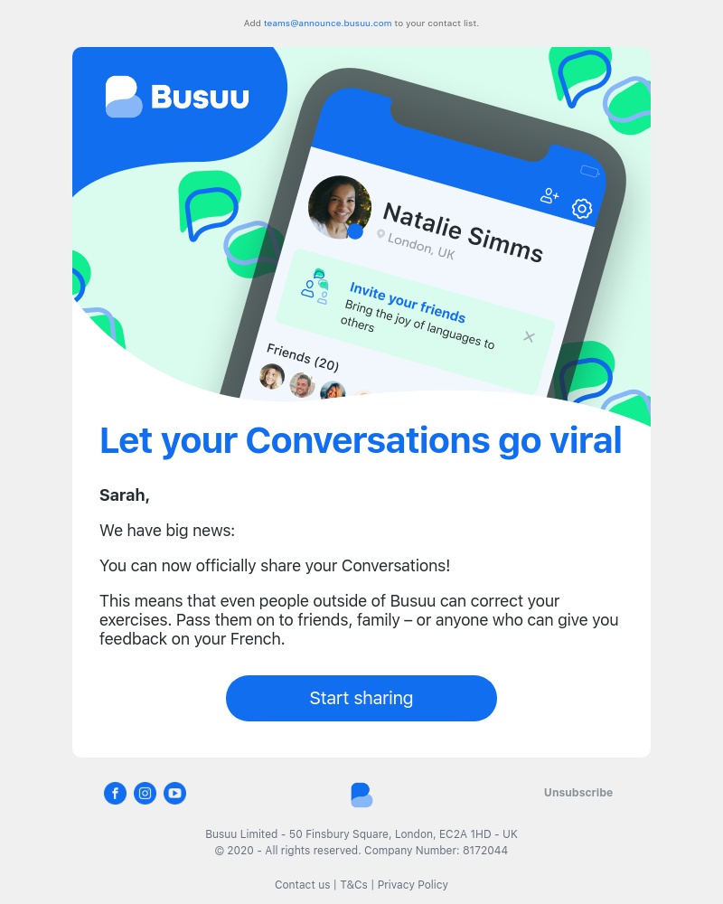 Busuu - Sarah, start sharing Conversation exercises with friends on social media