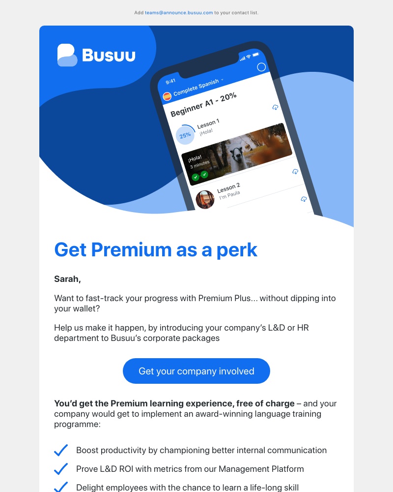 Busuu - Sarah, why pay for Busuu Premium when your company can?
