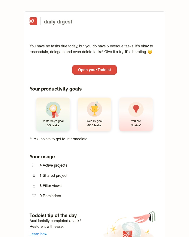 Todoist - Sarah’s task(s) for Apr 28 2023 → 5 overdue