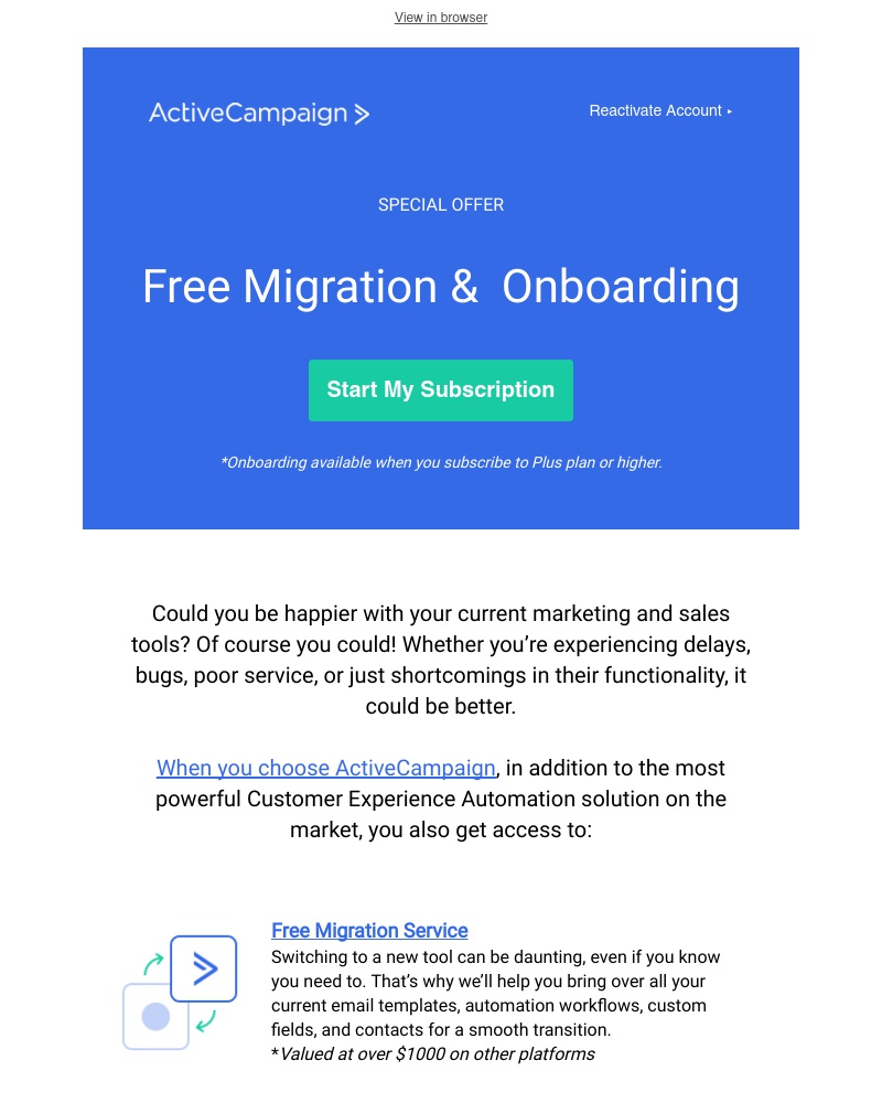  - Save $1500+ with free migration & onboarding services when you switch to ActiveCampaign