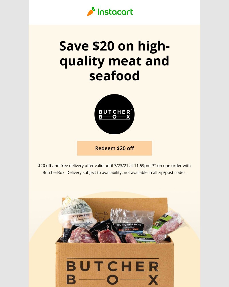 Instacart - Save $20 on grass-fed beef, wild-caught seafood & more