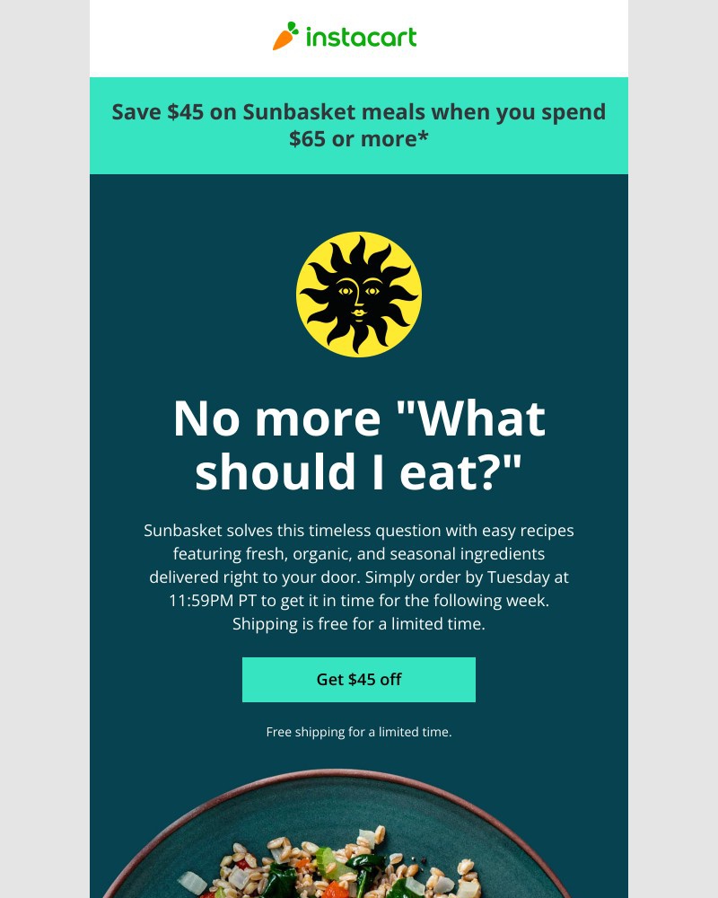 Instacart - Save $45 on Sunbasket meal deliveries