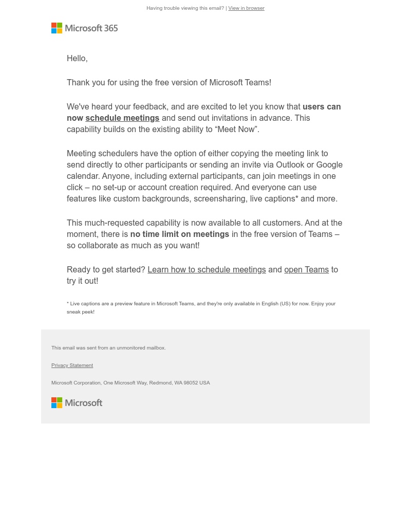 Microsoft Teams - Scheduled meetings available in the free version of Teams