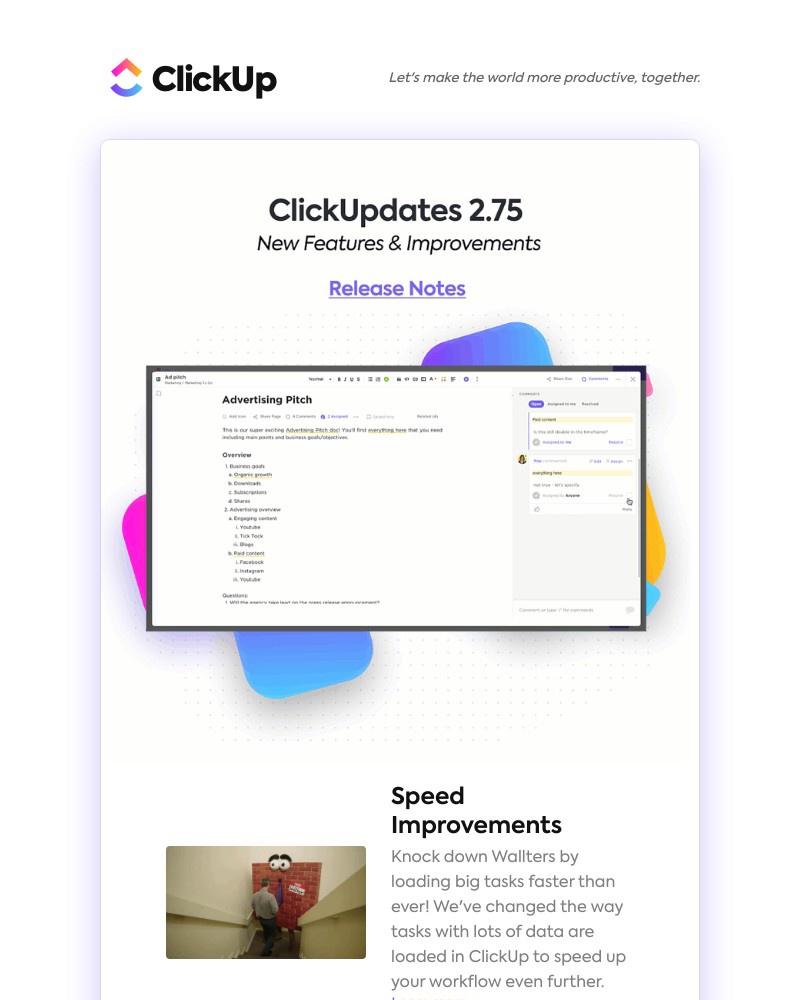 ClickUp - Speed Improvements, Docs: Sidebar & Shortcuts, Assigned Comments in Profiles ➕more!