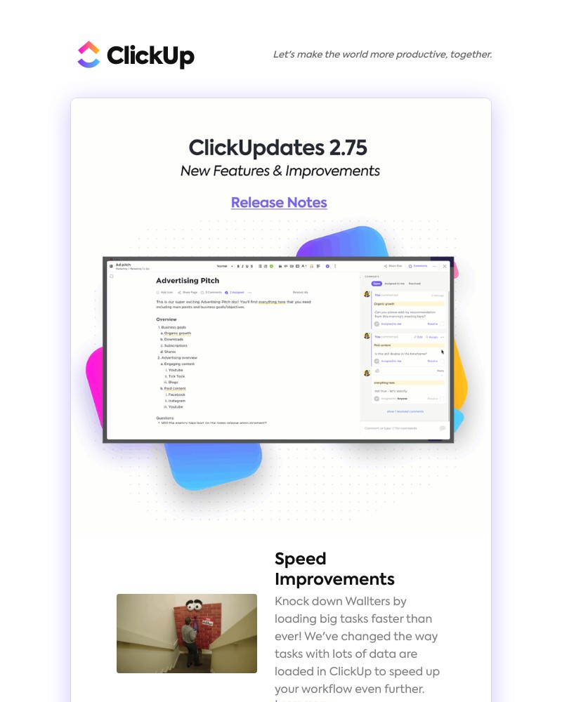 ClickUp - Speed Improvements, Docs: Sidebar & Shortcuts, Assigned Comments in Profiles ➕more!