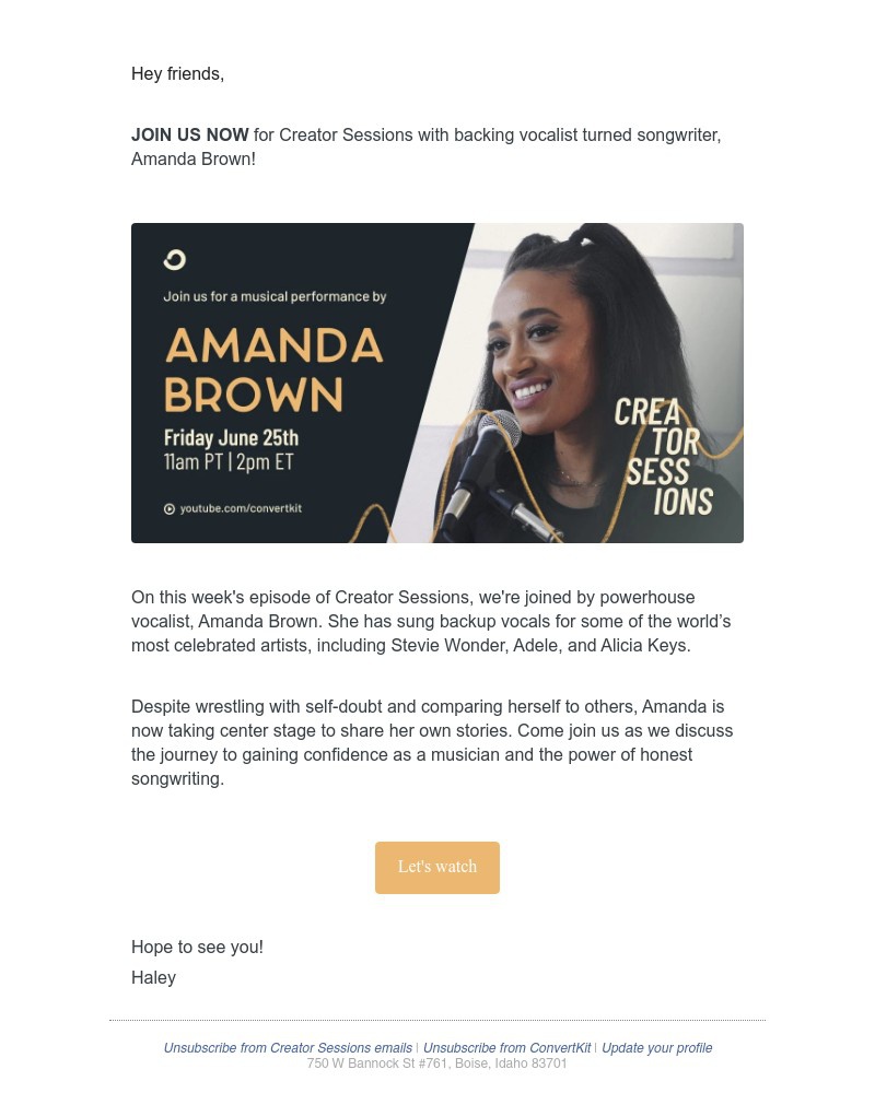 ConvertKit - 🎤 STARTING NOW: Backing Vocalist Turned Songwriter, Amanda Brown on Creator Sessions